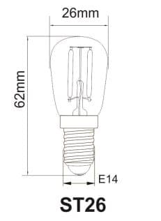 12v en 24v E14 koelkast lampje T26 Afmetingen