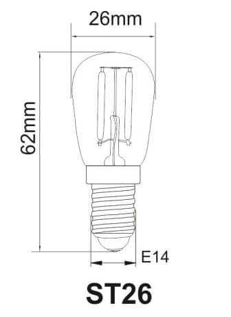 12v en 24v E14 koelkast lampje T26 Afmetingen